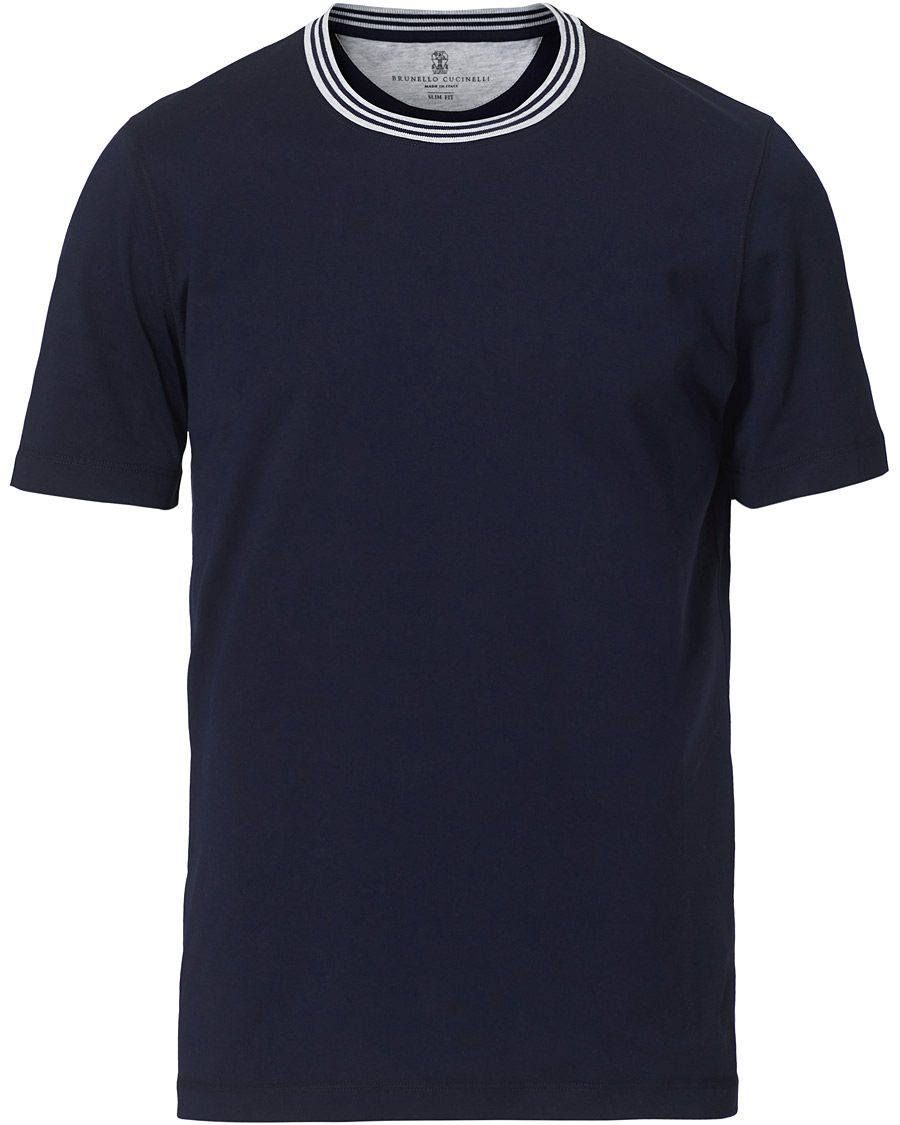 Herr | T-Shirts | Brunello Cucinelli | Contrast Collar Short Sleeve T-Shirt Navy