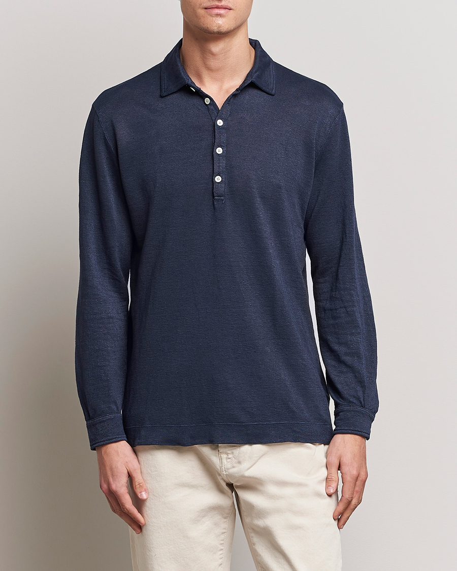 Herr | Långärmade pikéer | Massimo Alba | Raya Long Sleeve Linen Polo Navy