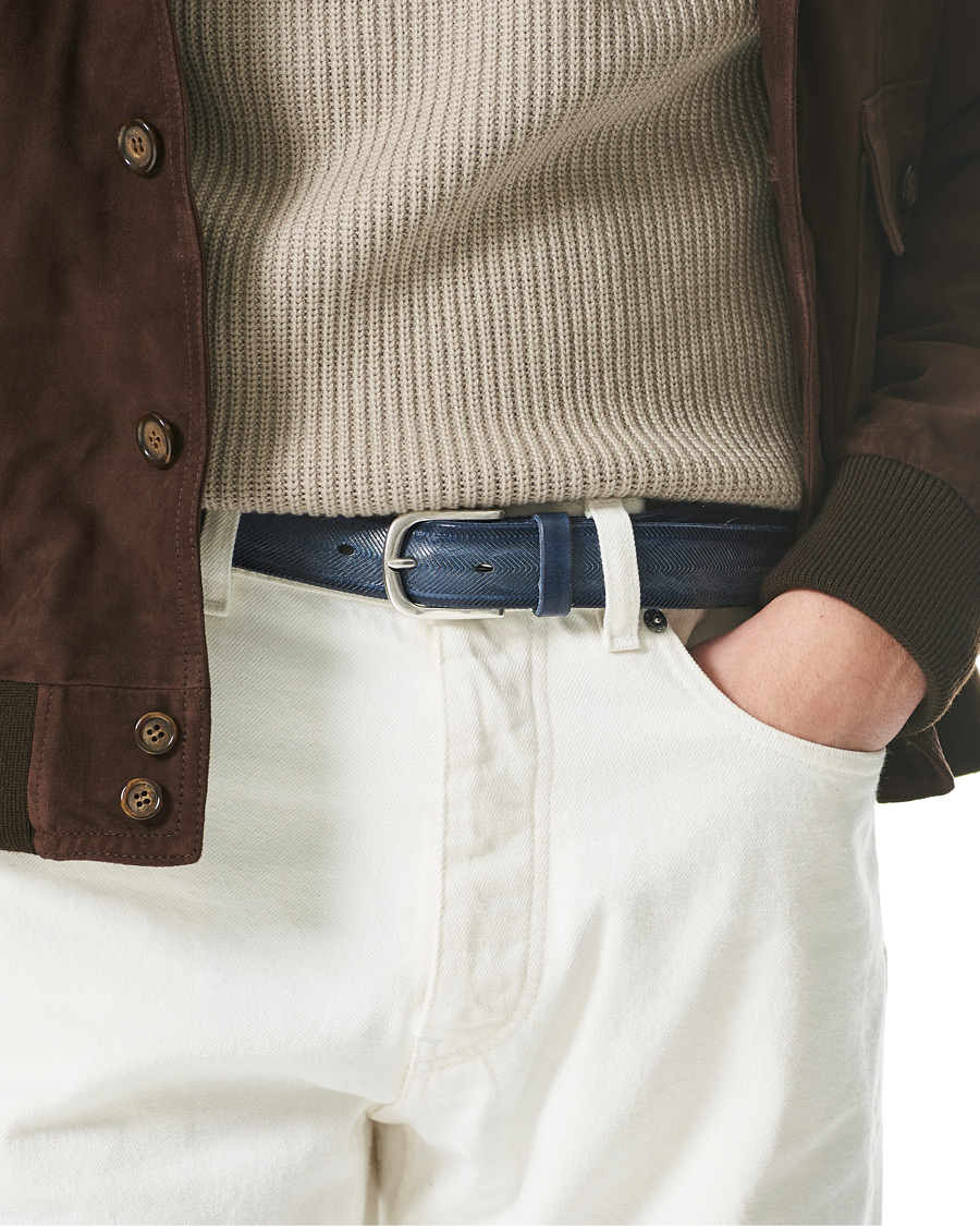 Herr | Orciani Herringbone Leather Belt 3,5 cm Denim Blue | Orciani | Herringbone Leather Belt 3,5 cm Denim Blue