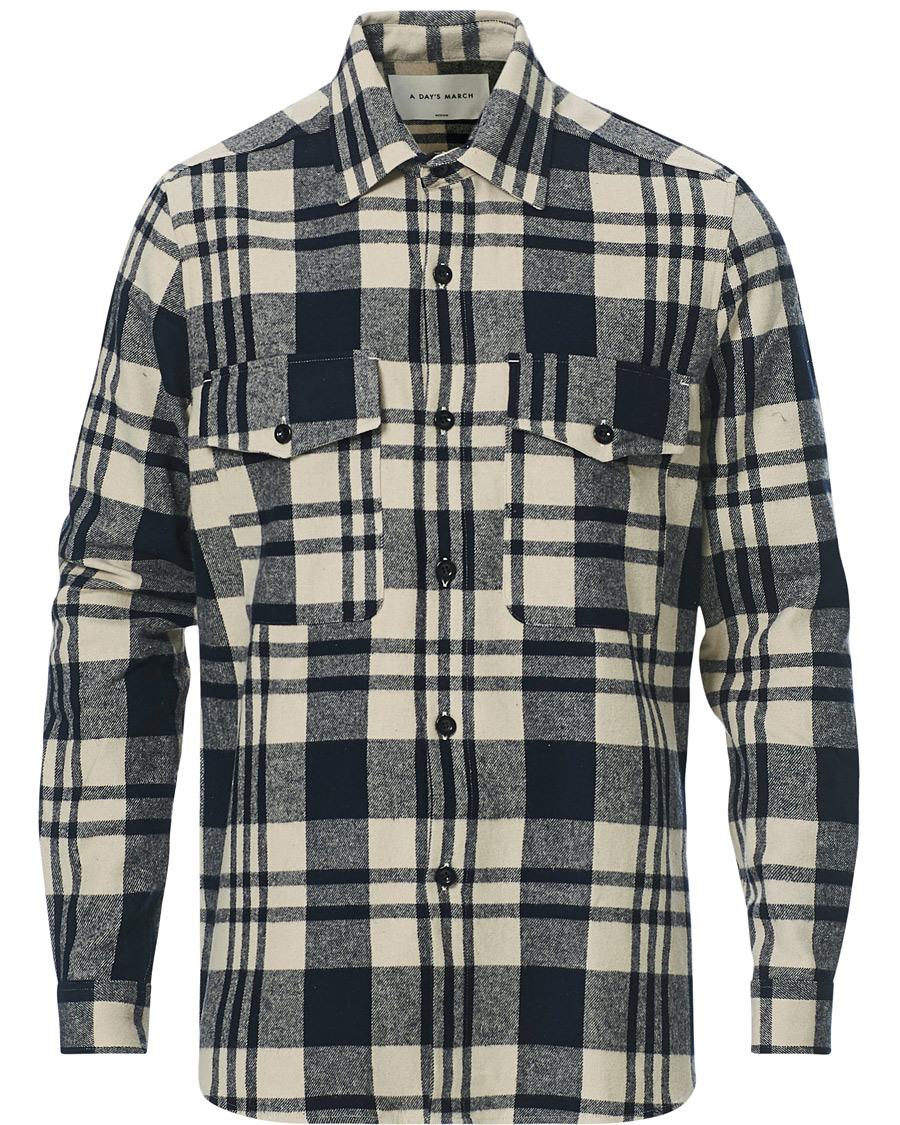 Herr | Skjortor | A Day's March | Cardiff Checked Flannel Shirt Off White/Navy