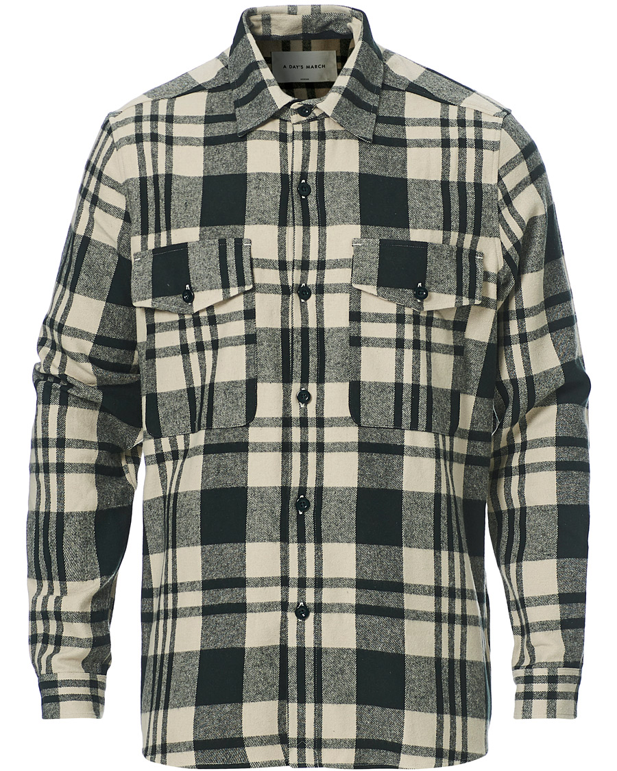 Herr | Skjortor | A Day's March | Cardiff Checked Flannel Shirt Off White/Seaweed