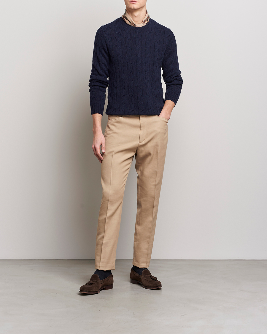 Herr | Tröjor | Ralph Lauren Purple Label | Cashmere Cable Crew Neck Sweater Chairman Navy