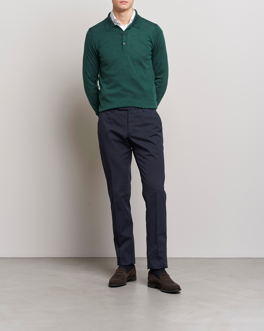 Herr | Tröjor | John Smedley | Belper Wool/Cotton Polo Pullover Bottle Green