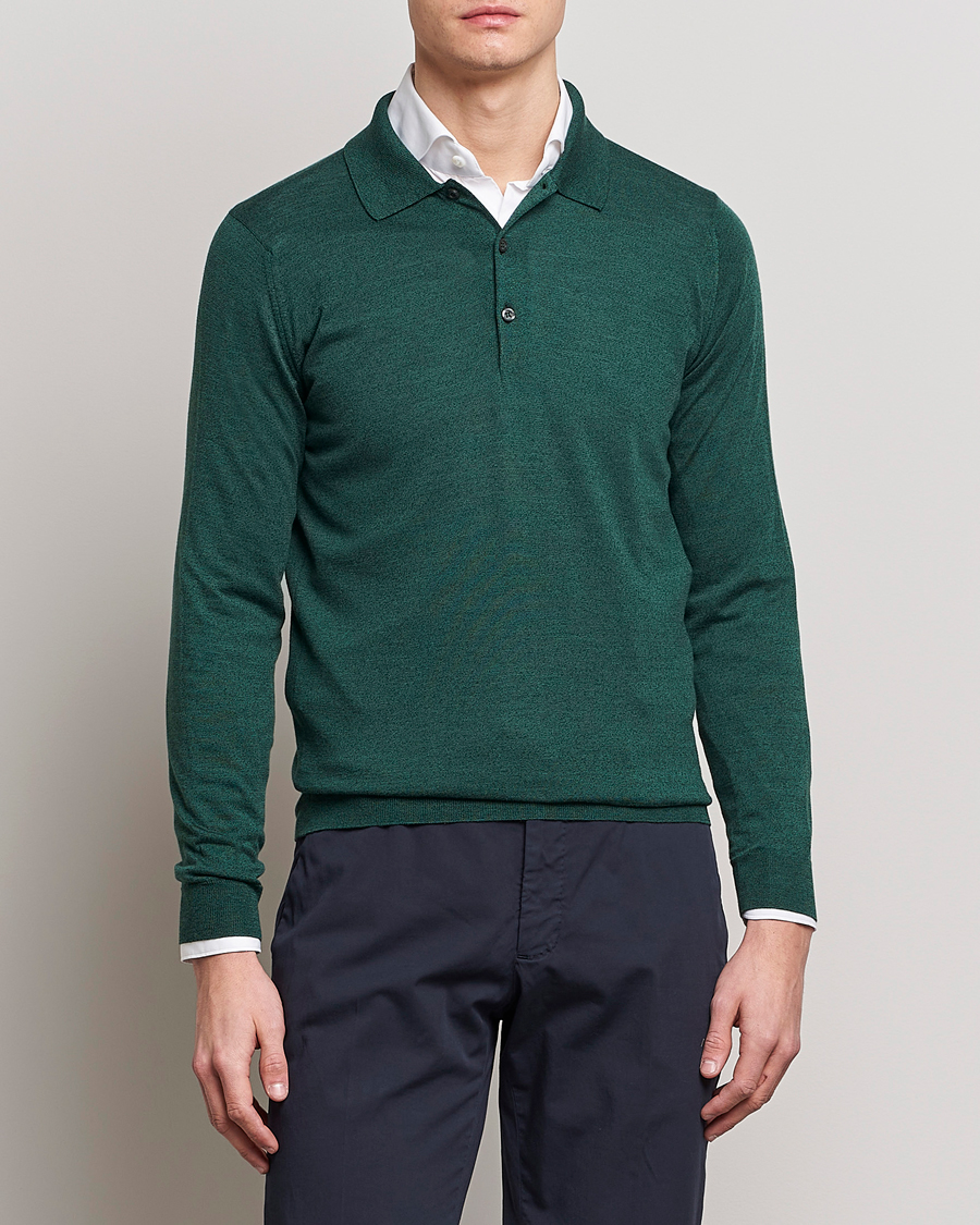 Herr | Tröjor | John Smedley | Belper Wool/Cotton Polo Pullover Bottle Green