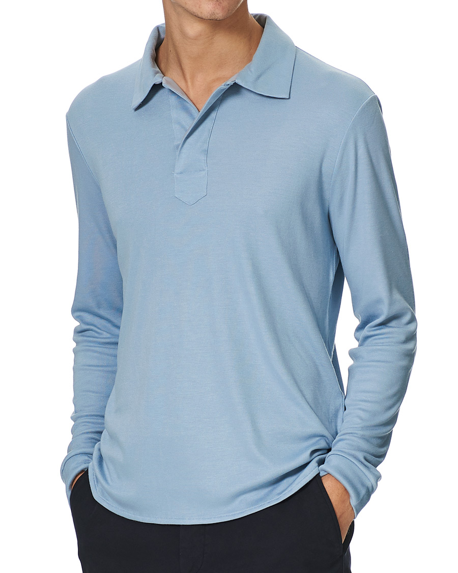 Herr | Tröjor | Giorgio Armani | Silk Blend Long Sleeve Polo Light Blue