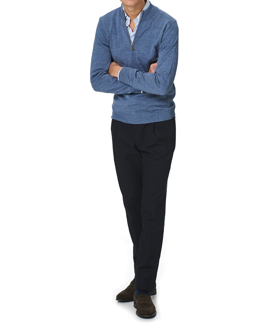 Herr | Tröjor | Stenströms | Merino Half Zip Blue Mouliné