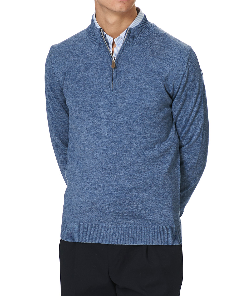 Herr | Tröjor | Stenströms | Merino Half Zip Blue Mouliné