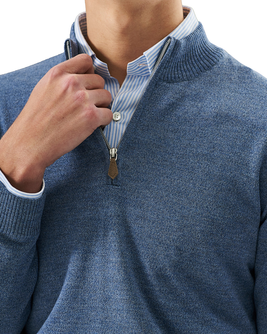 Herr | Tröjor | Stenströms | Merino Half Zip Blue Mouliné