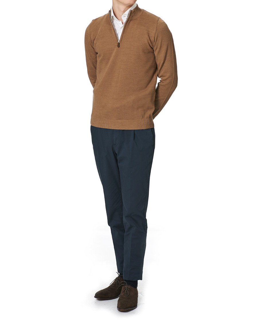 Herr | Tröjor | Stenströms | Textured Merino Half Zip Brown