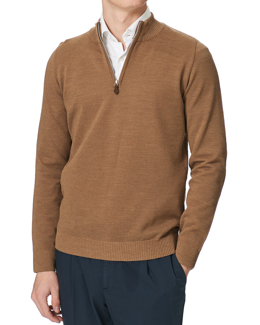 Herr | Tröjor | Stenströms | Textured Merino Half Zip Brown