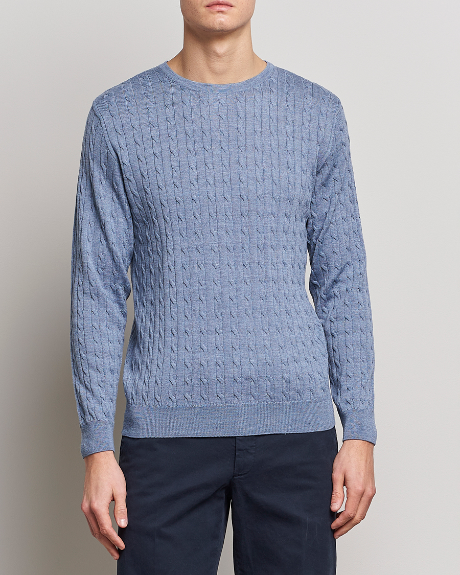 Herr | Tröjor | Stenströms | Merino Cable Crew Neck Light Blue