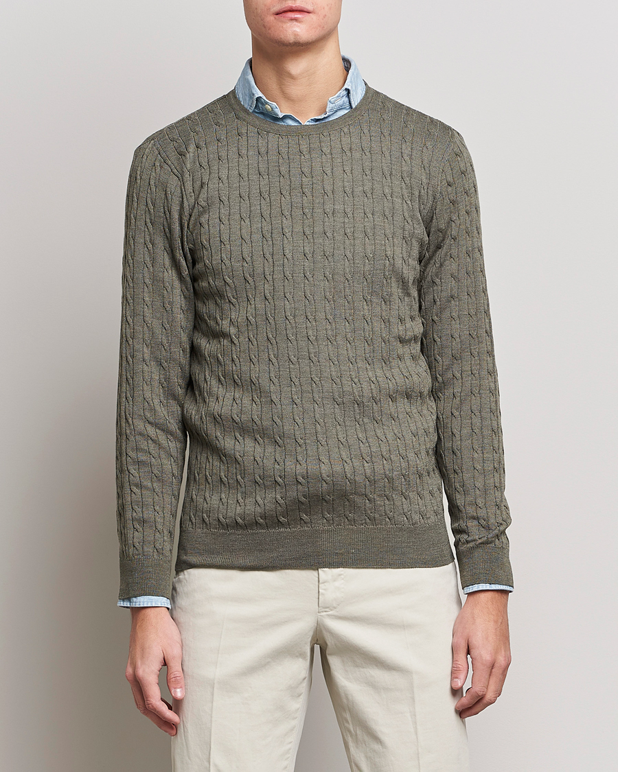 Herr | Tröjor | Stenströms | Merino Cable Crew Neck Olive