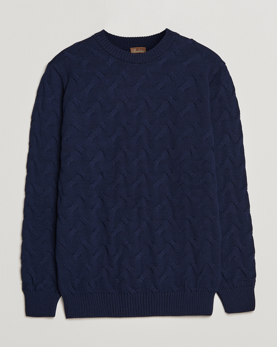 Herr | Tröjor | Stenströms | Heavy Cable Merino Crew Neck Navy