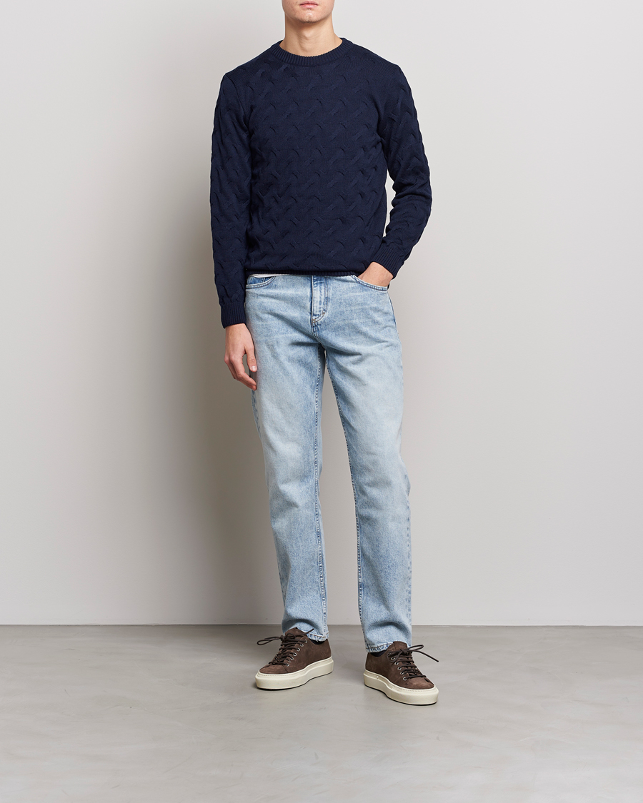 Herr | Tröjor | Stenströms | Heavy Cable Merino Crew Neck Navy