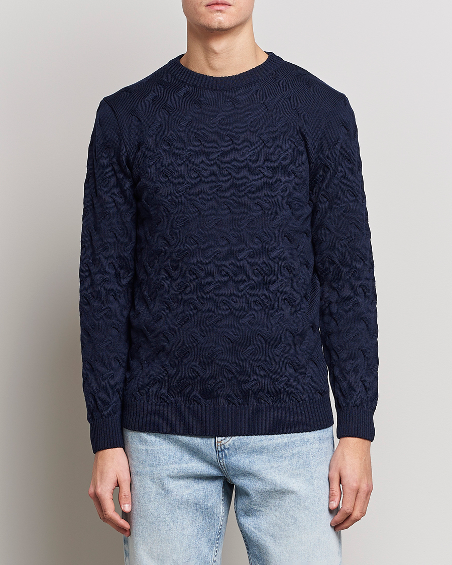 Herr | Tröjor | Stenströms | Heavy Cable Merino Crew Neck Navy