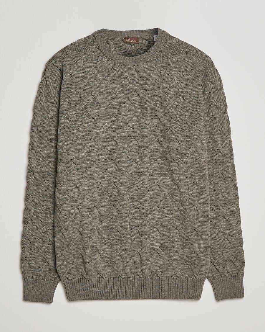 Herr | Tröjor | Stenströms | Heavy Cable Merino Crew Neck Olive