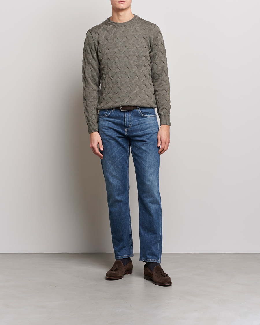 Herr | Tröjor | Stenströms | Heavy Cable Merino Crew Neck Olive