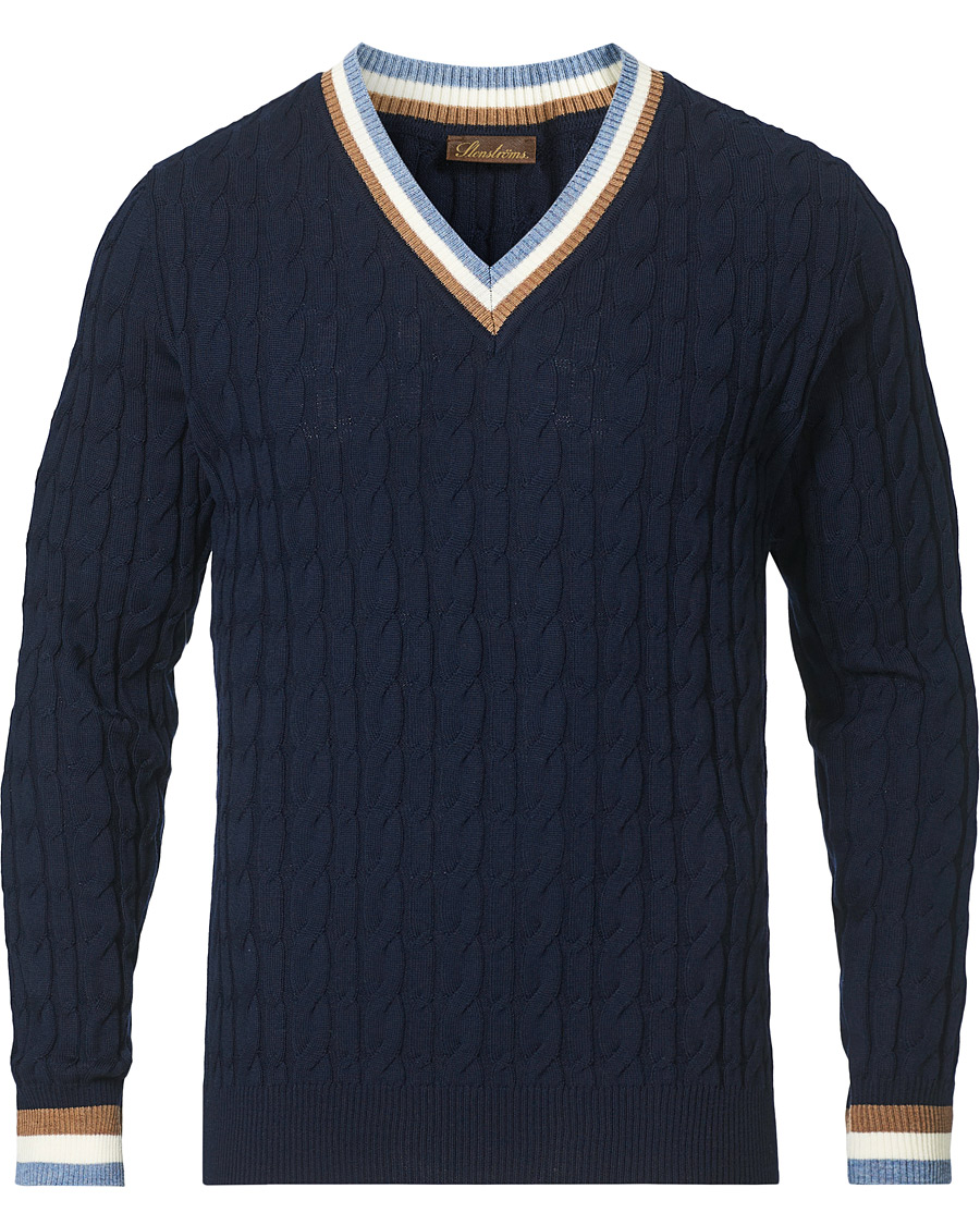 Herr | Tröjor | Stenströms | Contast Merino Cable V-Neck Navy