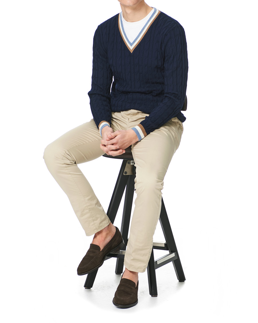Herr | Tröjor | Stenströms | Contast Merino Cable V-Neck Navy