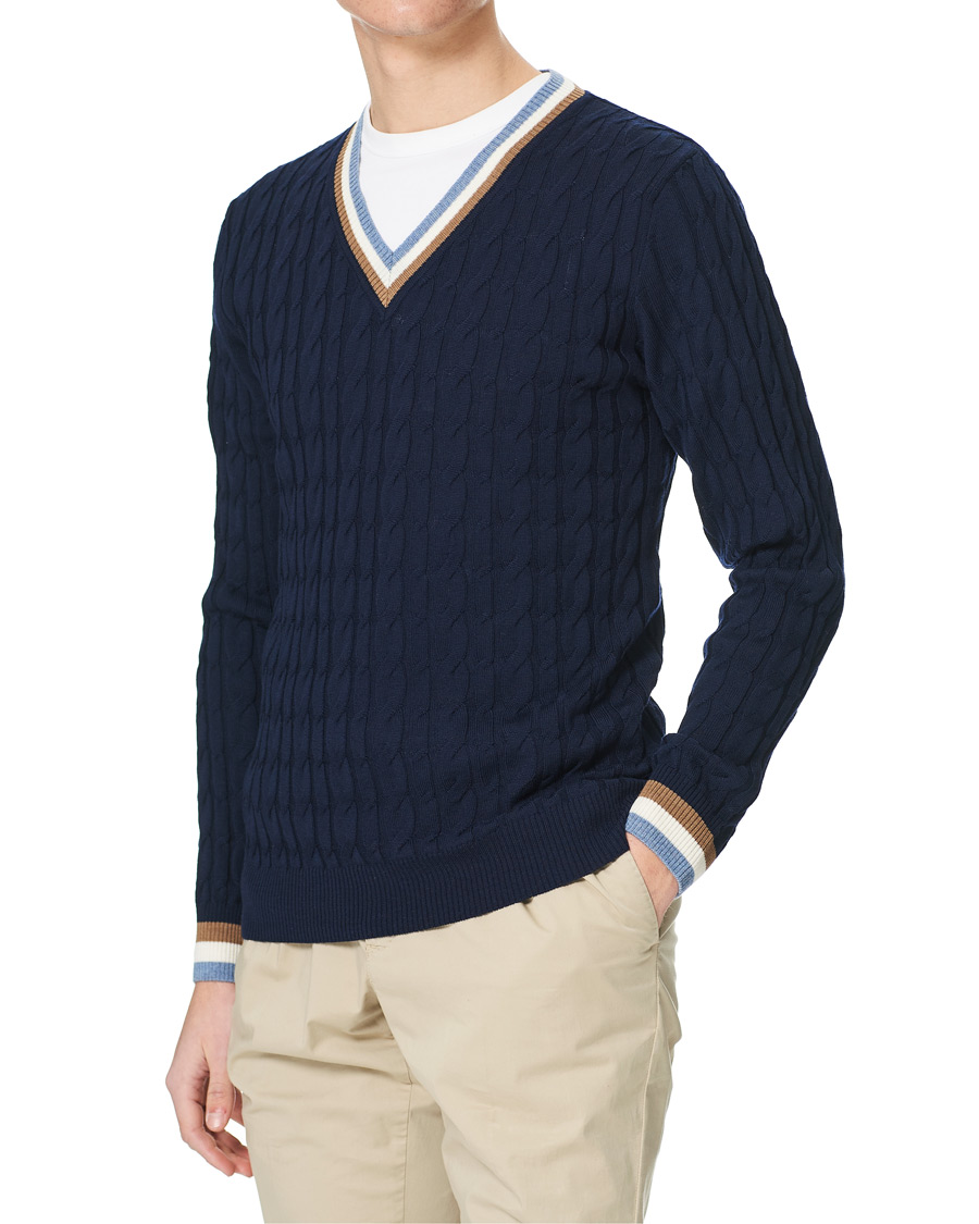 Herr | Tröjor | Stenströms | Contast Merino Cable V-Neck Navy