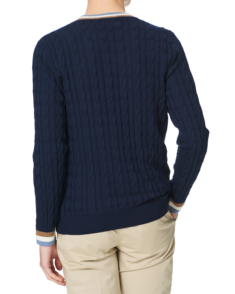 Herr | Tröjor | Stenströms | Contast Merino Cable V-Neck Navy