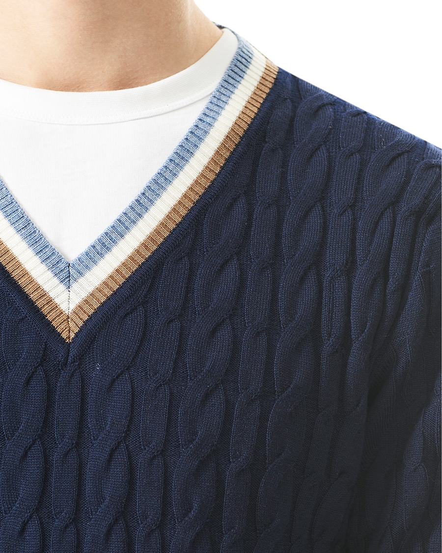 Herr | Tröjor | Stenströms | Contast Merino Cable V-Neck Navy