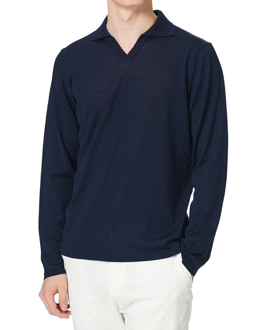 Herr | Tröjor | Stenströms | Fine Merino Long Sleeve Polo Navy