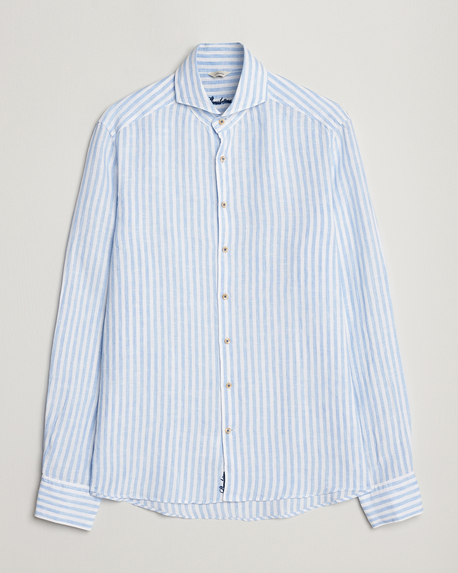 Herr | Skjortor | Stenströms | Slimline Cut Away Striped Linen Shirt Light Blue
