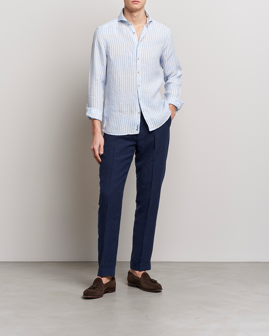 Herr | Skjortor | Stenströms | Slimline Cut Away Striped Linen Shirt Light Blue