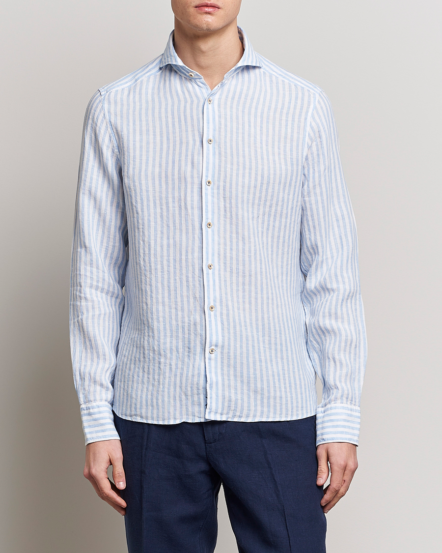 Herr | Casual | Stenströms | Slimline Cut Away Striped Linen Shirt Light Blue
