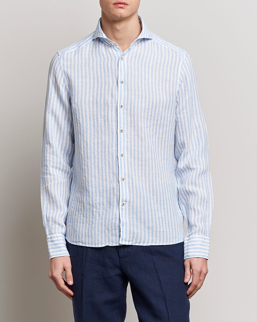 Herr | Skjortor | Stenströms | Slimline Cut Away Striped Linen Shirt Light Blue