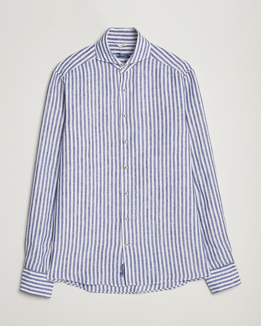 Herr | Skjortor | Stenströms | Slimline Cut Away Striped Linen Shirt Blue