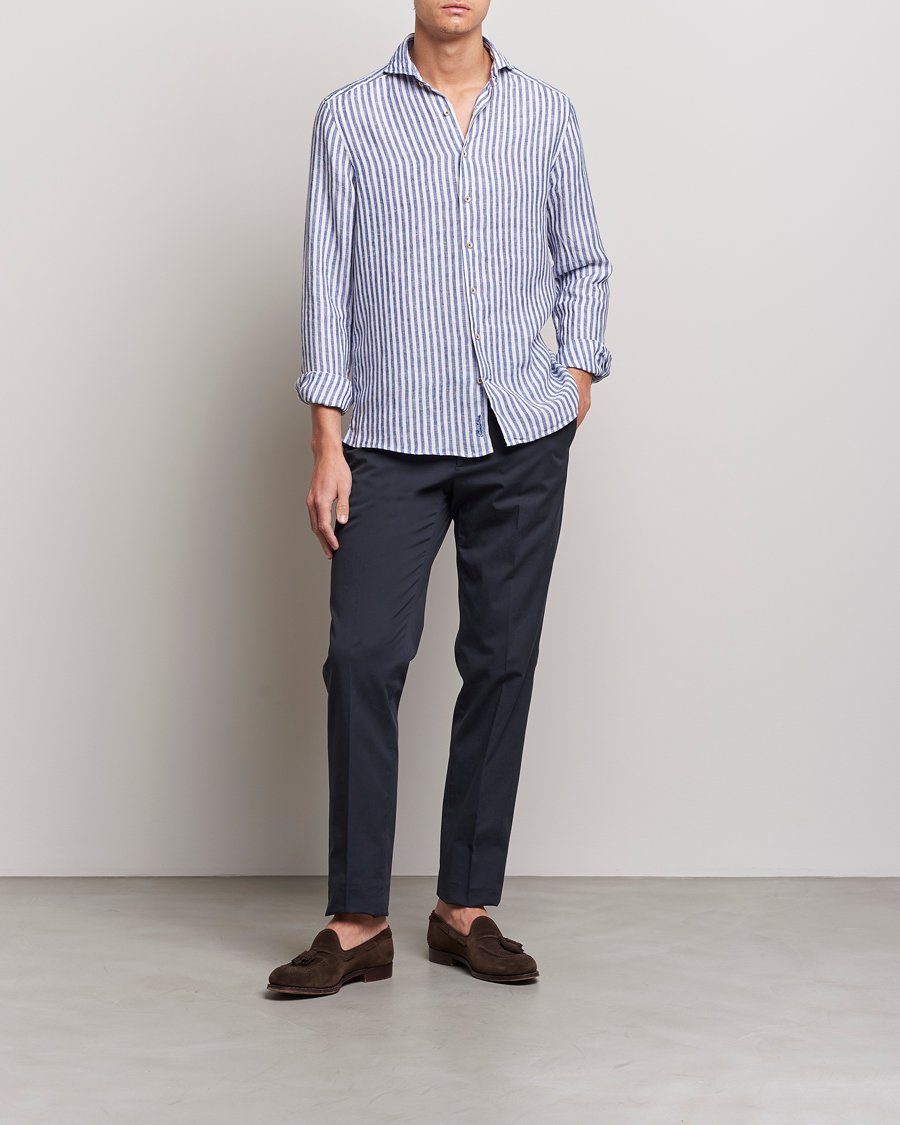 Herr | Skjortor | Stenströms | Slimline Cut Away Striped Linen Shirt Blue