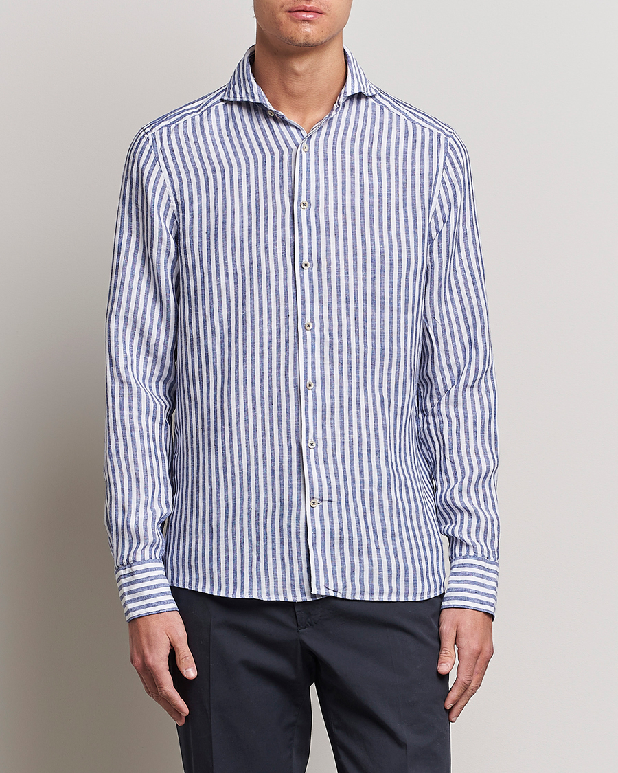 Herr | Casual | Stenströms | Slimline Cut Away Striped Linen Shirt Blue