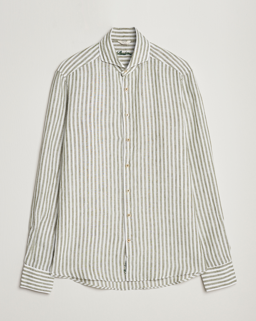 Herr | Skjortor | Stenströms | Slimline Cut Away Striped Linen Shirt Green