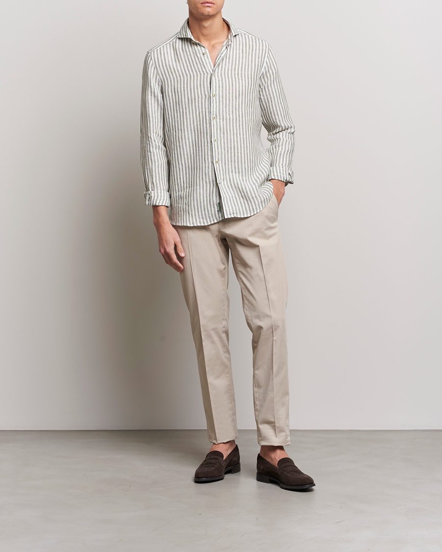 Herr | Skjortor | Stenströms | Slimline Cut Away Striped Linen Shirt Green