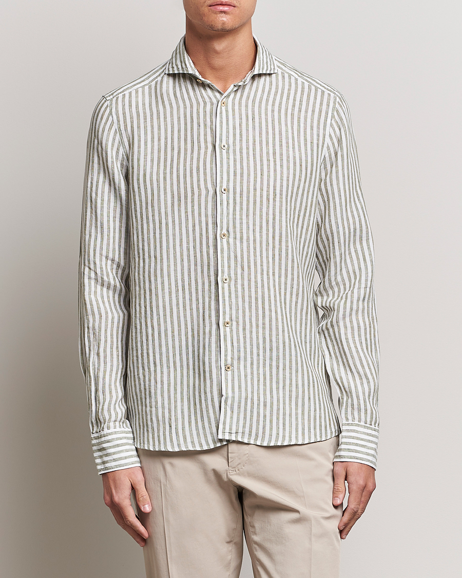 Herr | Skjortor | Stenströms | Slimline Cut Away Striped Linen Shirt Green