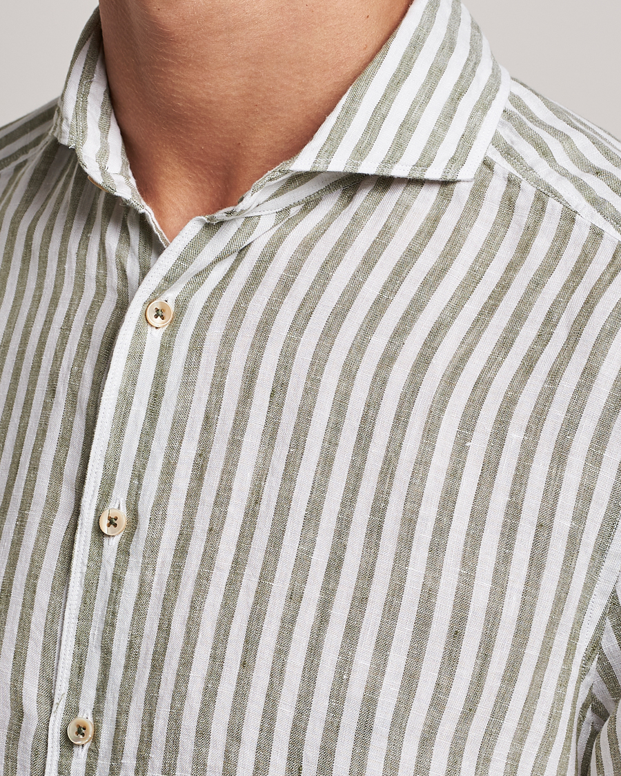Herr | Skjortor | Stenströms | Slimline Cut Away Striped Linen Shirt Green