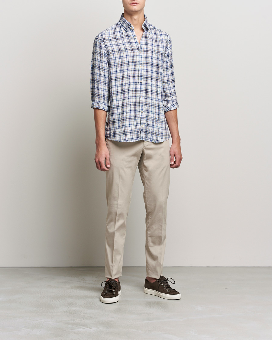 Herr | Skjortor | Stenströms | Slimline Cut Away Checked Linen Shirt Blue/Beige
