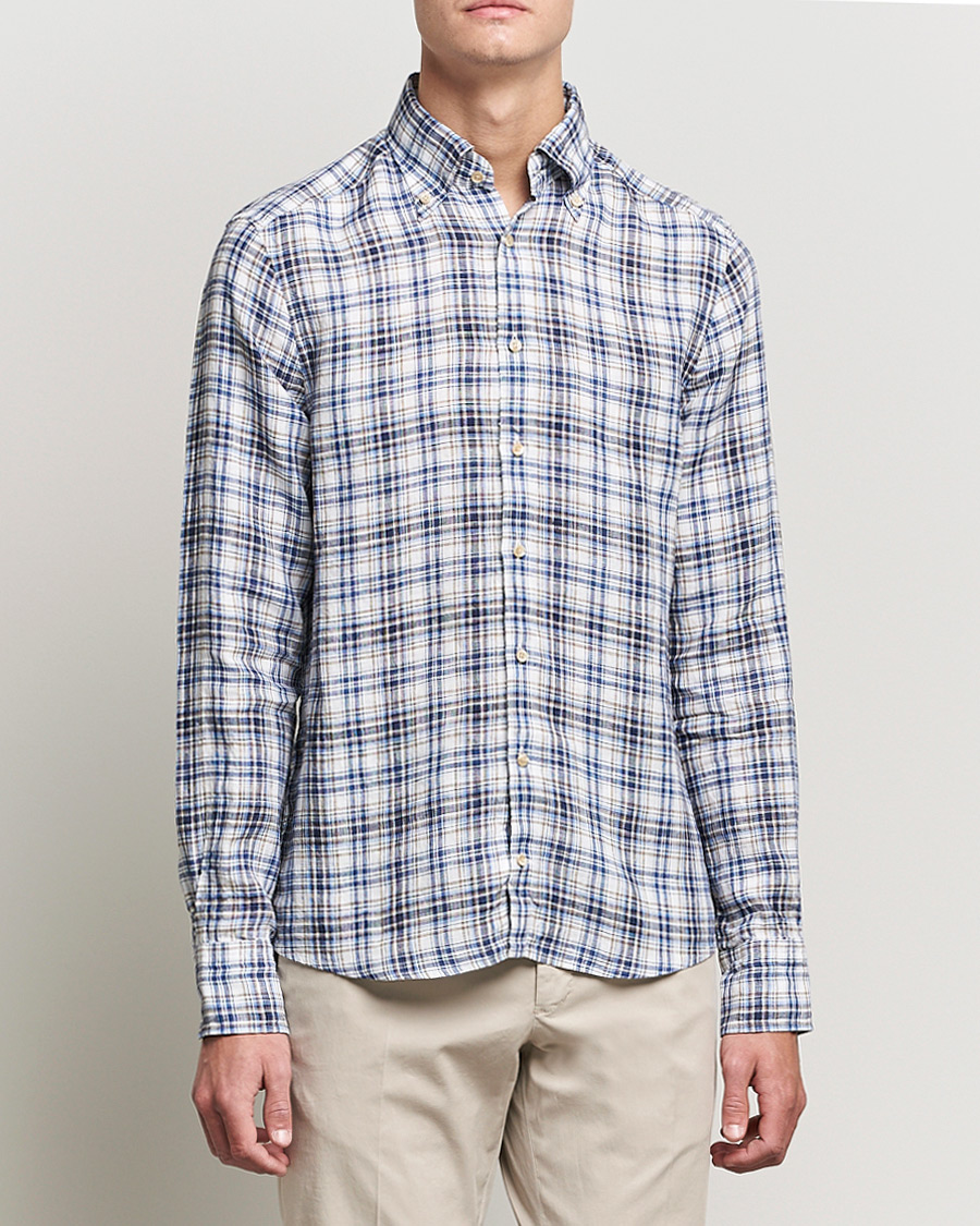 Herr | Skjortor | Stenströms | Slimline Cut Away Checked Linen Shirt Blue/Beige