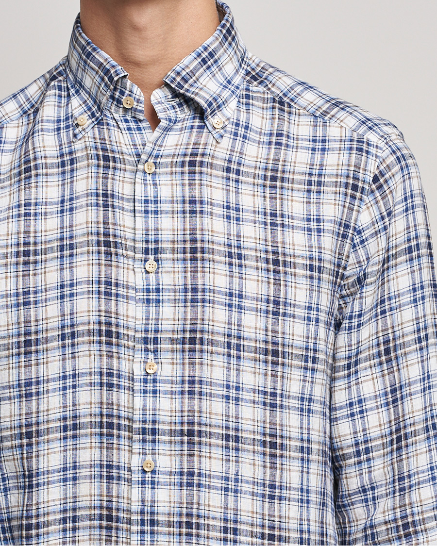 Herr | Skjortor | Stenströms | Slimline Cut Away Checked Linen Shirt Blue/Beige