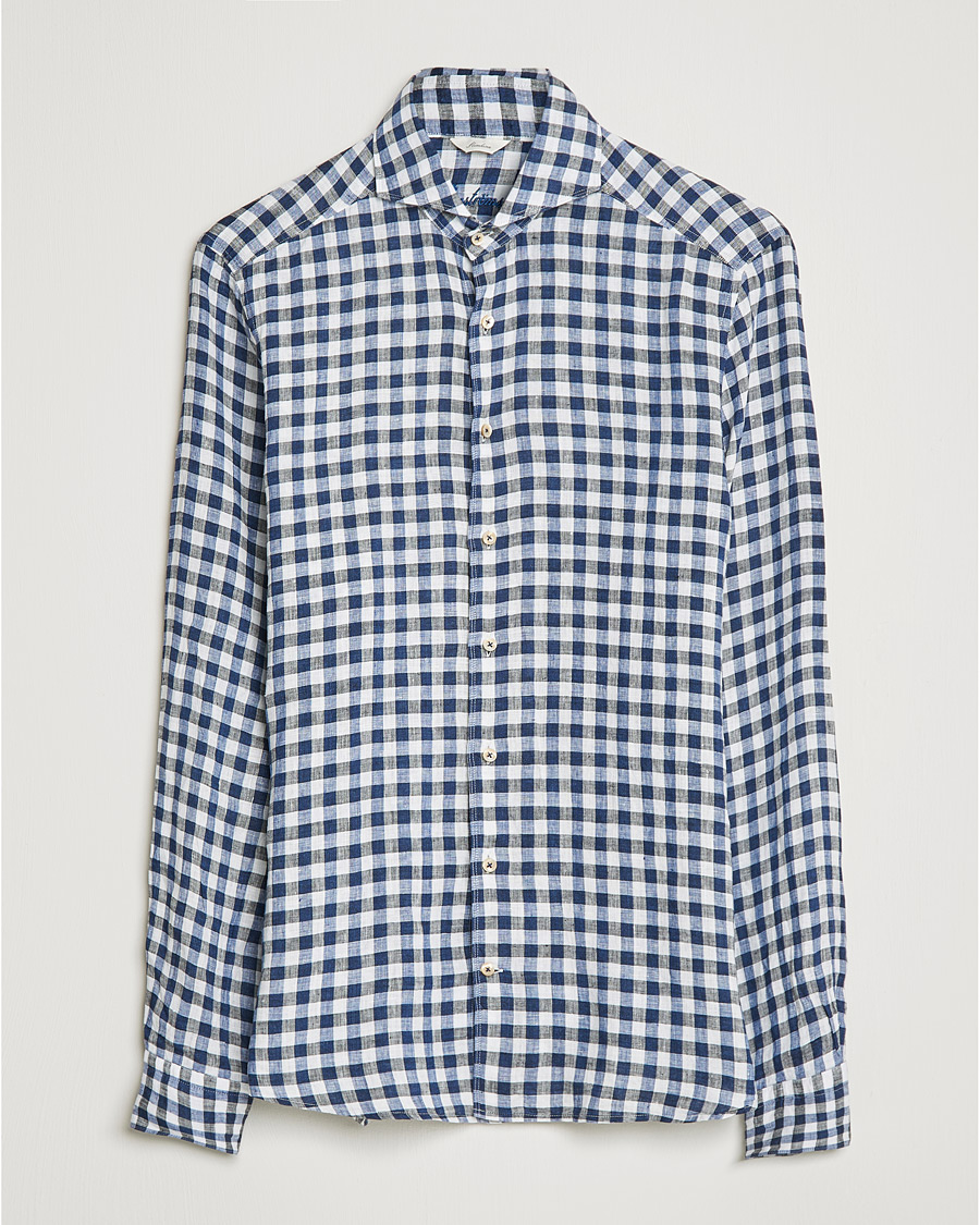 Herr | Skjortor | Stenströms | Slimline Cut Away Gingham Linen Shirt Blue