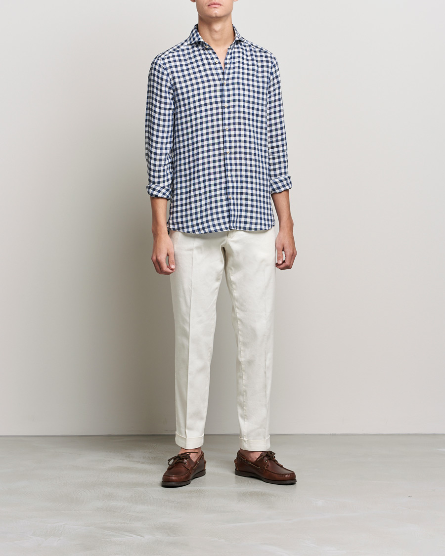 Herr | Skjortor | Stenströms | Slimline Cut Away Gingham Linen Shirt Blue