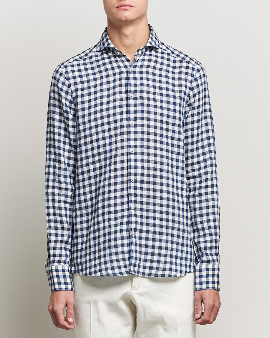 Herr | Skjortor | Stenströms | Slimline Cut Away Gingham Linen Shirt Blue