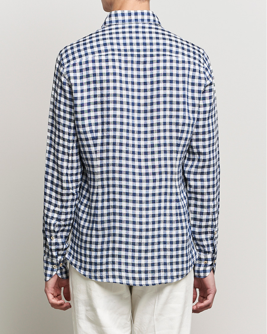 Herr | Skjortor | Stenströms | Slimline Cut Away Gingham Linen Shirt Blue
