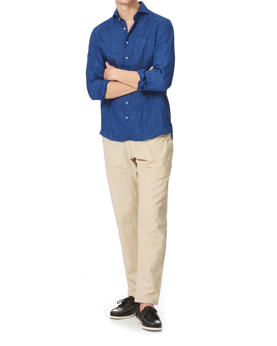 Herr | Skjortor | Stenströms | Slimline Cut Away Linen Shirt Dark Blue