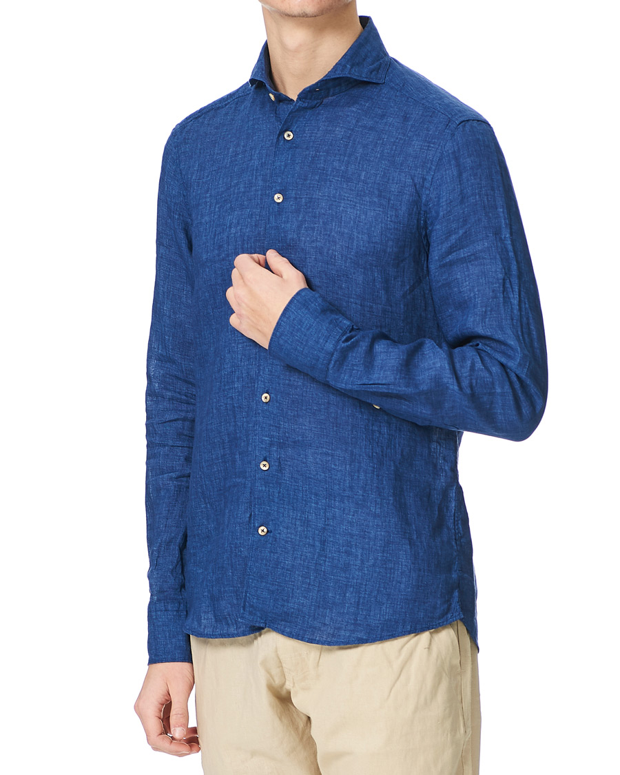 Herr | Skjortor | Stenströms | Slimline Cut Away Linen Shirt Dark Blue