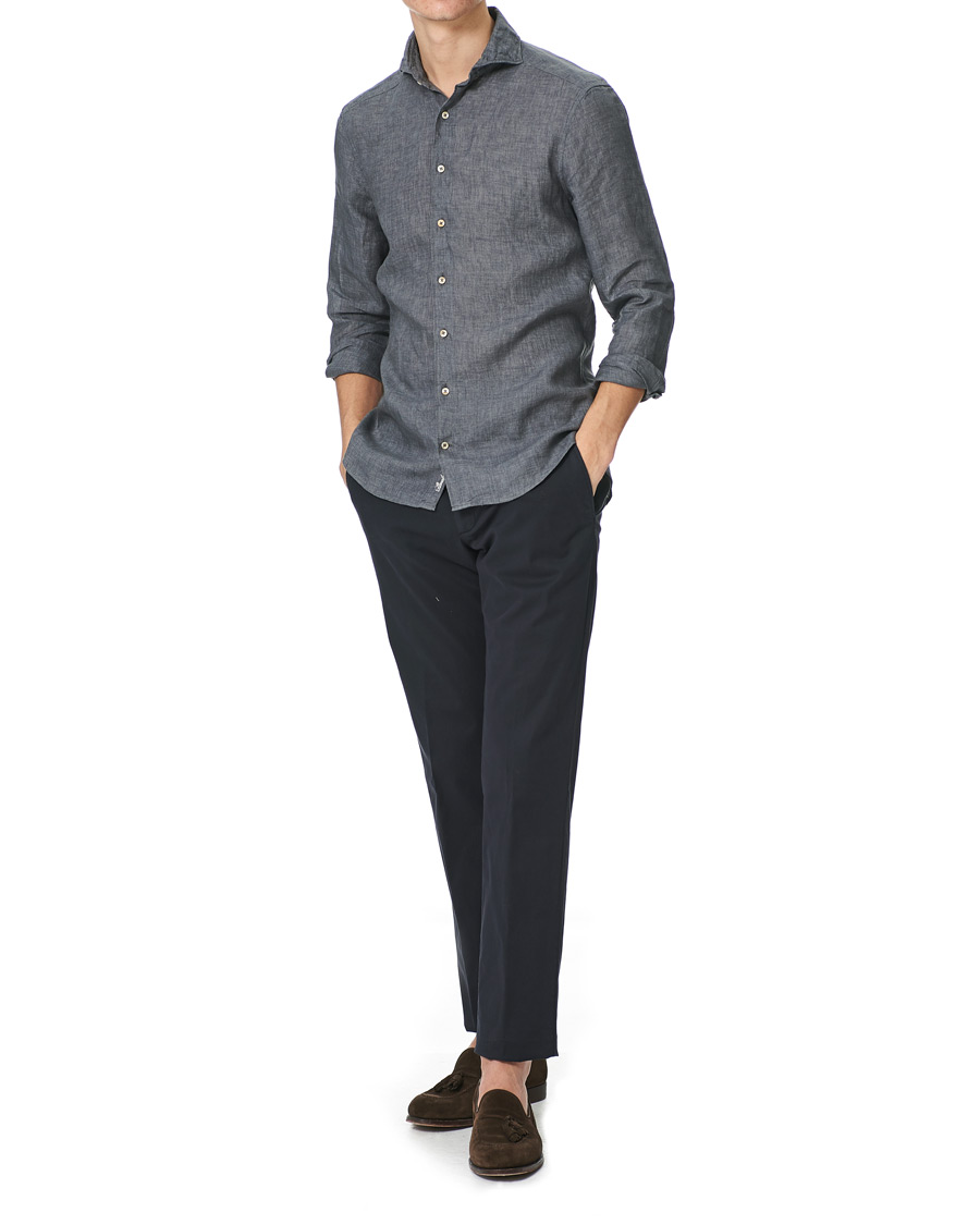 Herr | Skjortor | Stenströms | Slimline Cut Away Linen Shirt Dark Grey