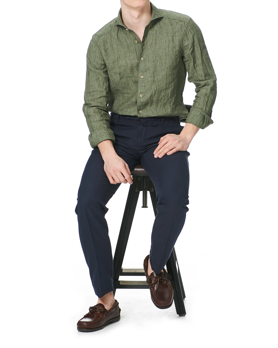 Herr | Skjortor | Stenströms | Slimline Cut Away Linen Shirt Olive