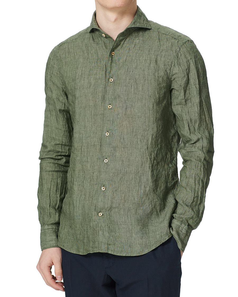 Herr | Skjortor | Stenströms | Slimline Cut Away Linen Shirt Olive